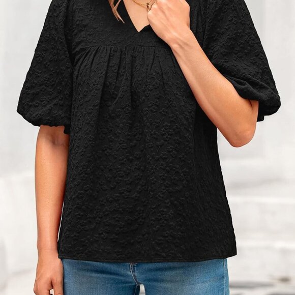 Womens Summer Tops 2025 Ruffle V Neck Blouses Loose Puff Short Sleeve Jacquard B - Picture 4 of 5